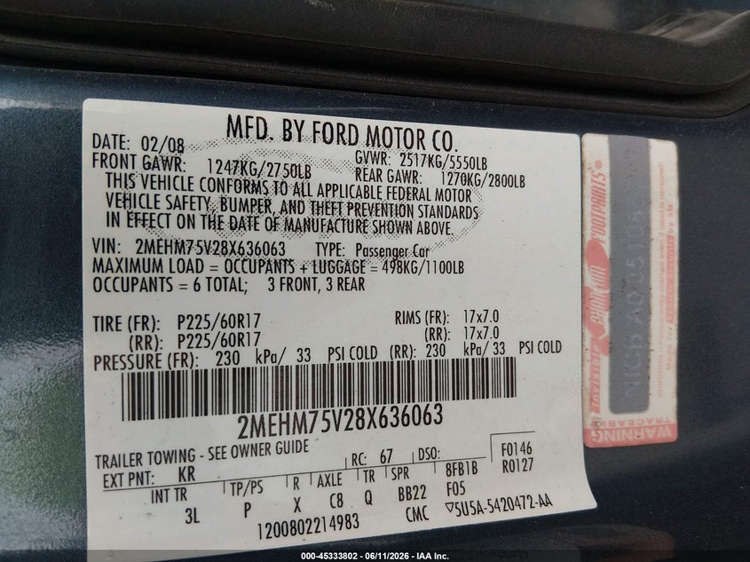 2008 Mercury Grand Marquis Ls VIN: 2MEHM75V28X636063 Lot: 45333802