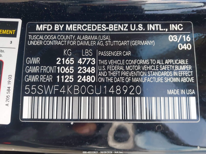 2016 Mercedes-Benz C 300 4Matic VIN: 55SWF4KB0GU148920 Lot: 45333921