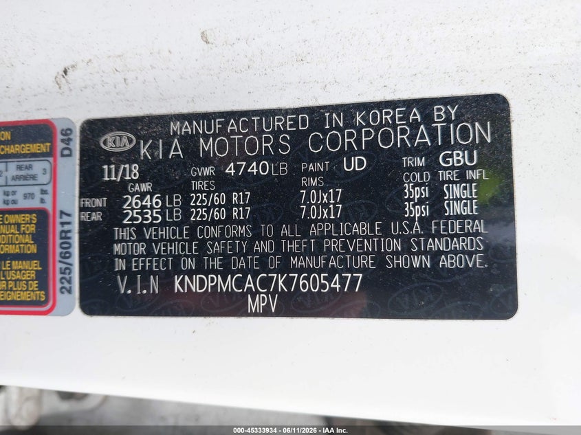 2019 Kia Sportage Lx VIN: KNDPMCAC7K7605477 Lot: 45333934
