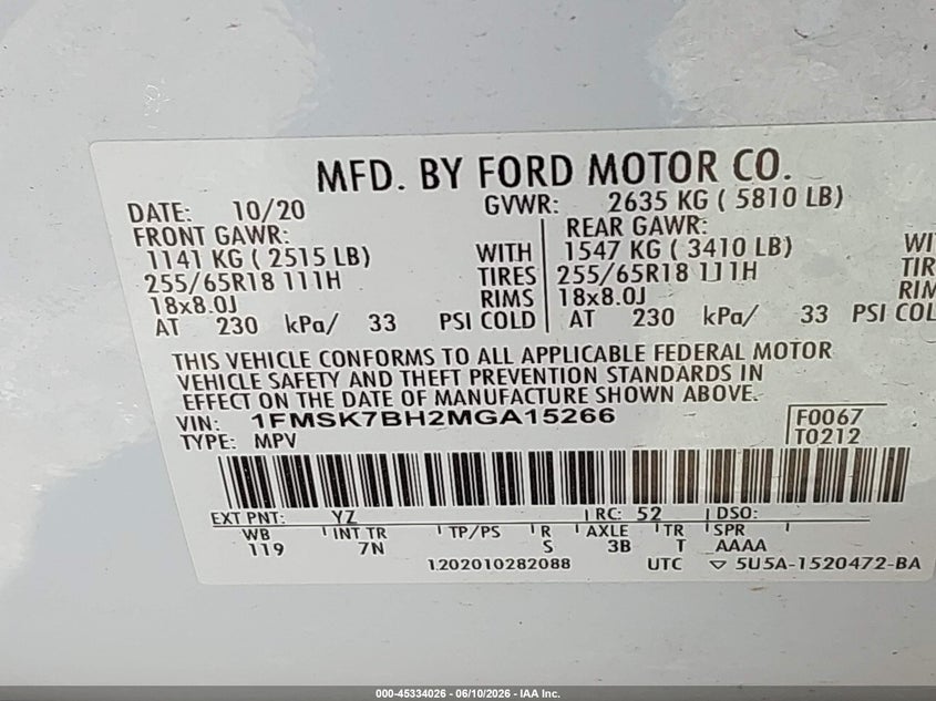 2021 FORD EXPLORER 2.3L I-4 DI, DOHC, V(VIN: 1FMSK7BH2MGA15266