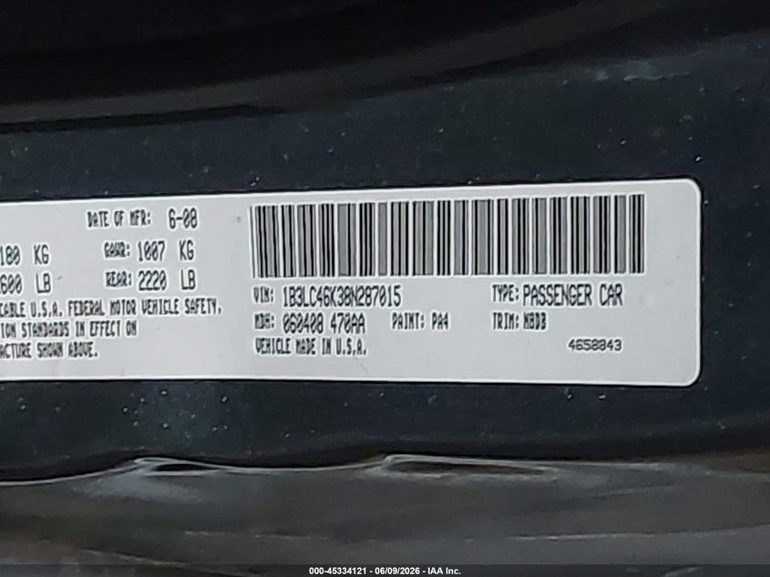 2008 Dodge Avenger Se VIN: 1B3LC46K38N287015 Lot: 45334121