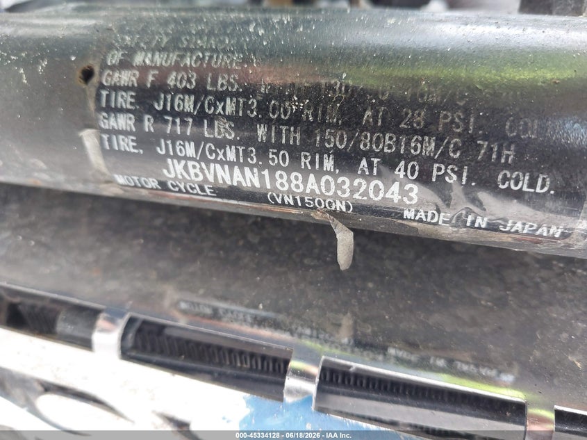 2008 Kawasaki Vn1500 N1 VIN: JKBVNAN188A032043 Lot: 45334128