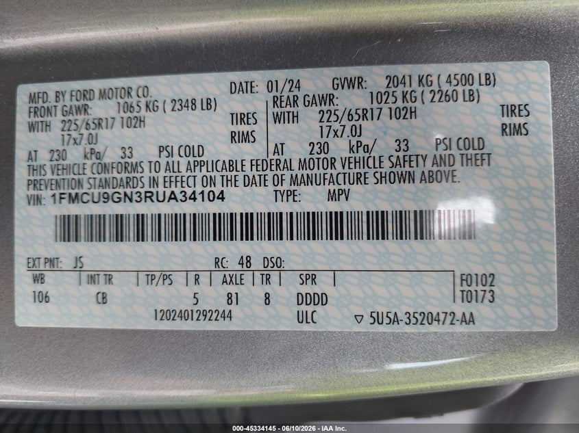 FORD ESCAPE 2024 VIN 1FMCU9GN3RUA34104