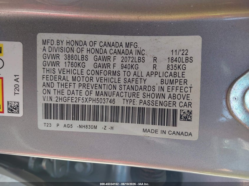 2023 HONDA CIVIC 2.0L I-4 DI, DOHC, V(VIN: 2HGFE2F5XPH503746