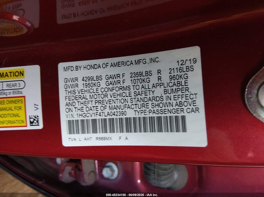2020 Honda Accord Ex VIN: 1HGCV1F47LA042390 Lot: 45334156