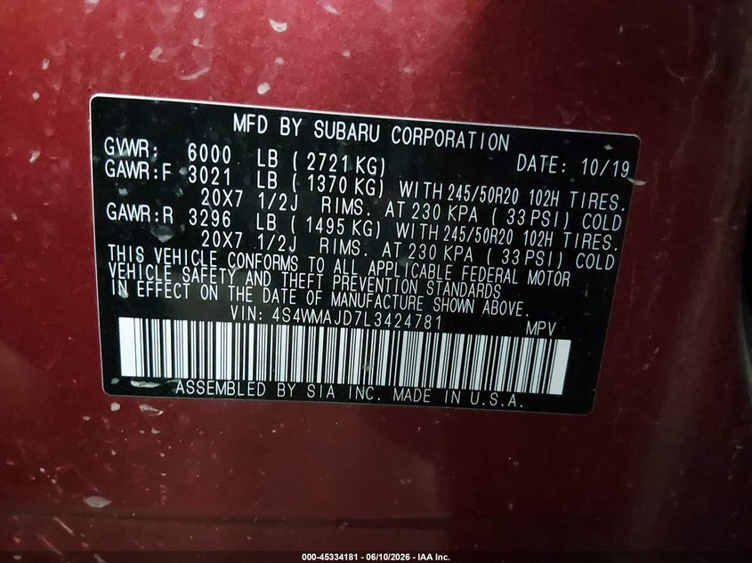 2020 Subaru Ascent Limited VIN: 4S4WMAJD7L3424781 Lot: 45334181