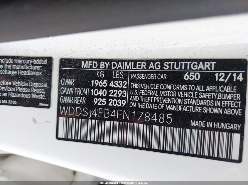 2015 Mercedes-Benz Cla 250 VIN: WDDSJ4EB4FN178485 Lot: 45334304
