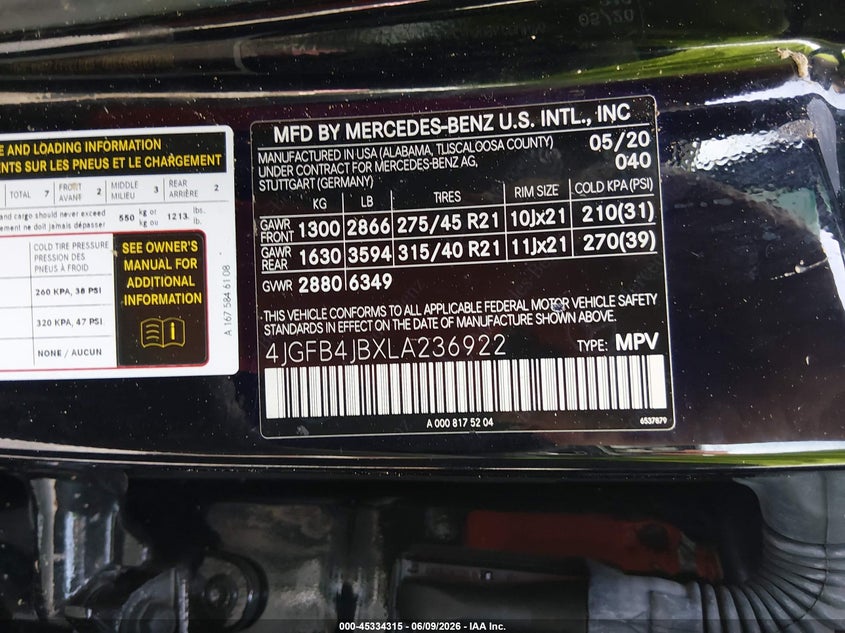 2020 Mercedes-Benz Gle 350 VIN: 4JGFB4JBXLA236922 Lot: 45334315