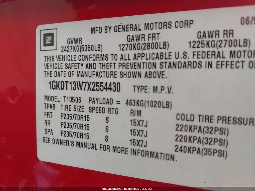 1999 GMC Jimmy Slt VIN: 1GKDT13W7X2554430 Lot: 45334328
