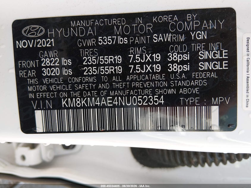 2022 Hyundai Ioniq 5 Se VIN: KM8KM4AE4NU052354 Lot: 45334405