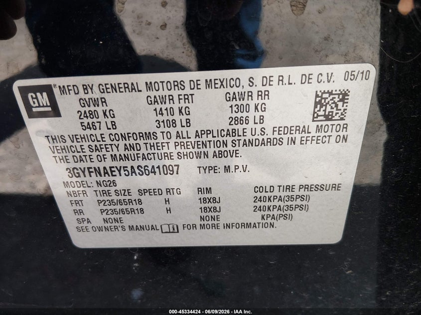 2010 Cadillac Srx Luxury Collection VIN: 3GYFNAEY5AS641097 Lot: 45334424