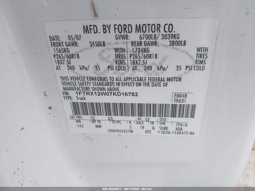 2007 FORD F-150 PICKUP 4.6L V-8 248HP