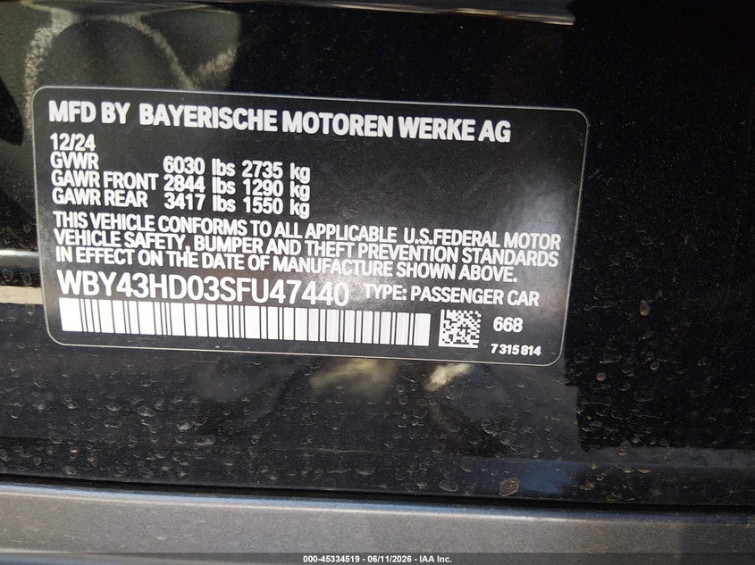 2025 BMW I4 Gran Coupe xDrive40 VIN: WBY43HD03SFU47440 Lot: 45334519