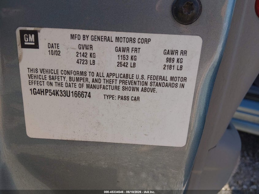 2003 Buick Lesabre Custom VIN: 1G4HP54K33U166674 Lot: 45334546