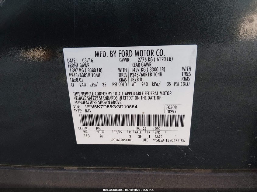 FORD EXPLORER 2016 VIN 1FM5K7D85GGD10554