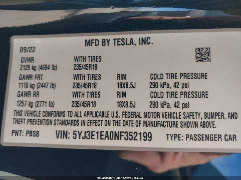2022 Tesla Model 3 Rear-Wheel Drive VIN: 5YJ3E1EA0NF352199 Lot: 45334631
