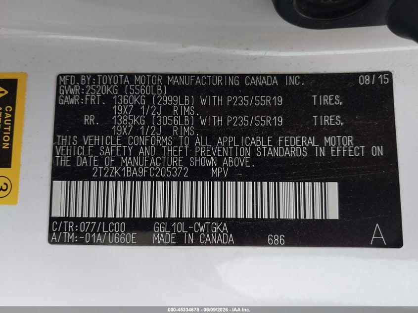 2015 Lexus Rx 350 VIN: 2T2ZK1BA9FC205372 Lot: 45334678