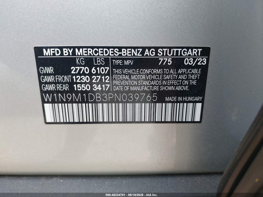 2023 Mercedes-Benz Eqb 350 Suv 4Matic VIN: W1N9M1DB3PN039765 Lot: 45334701