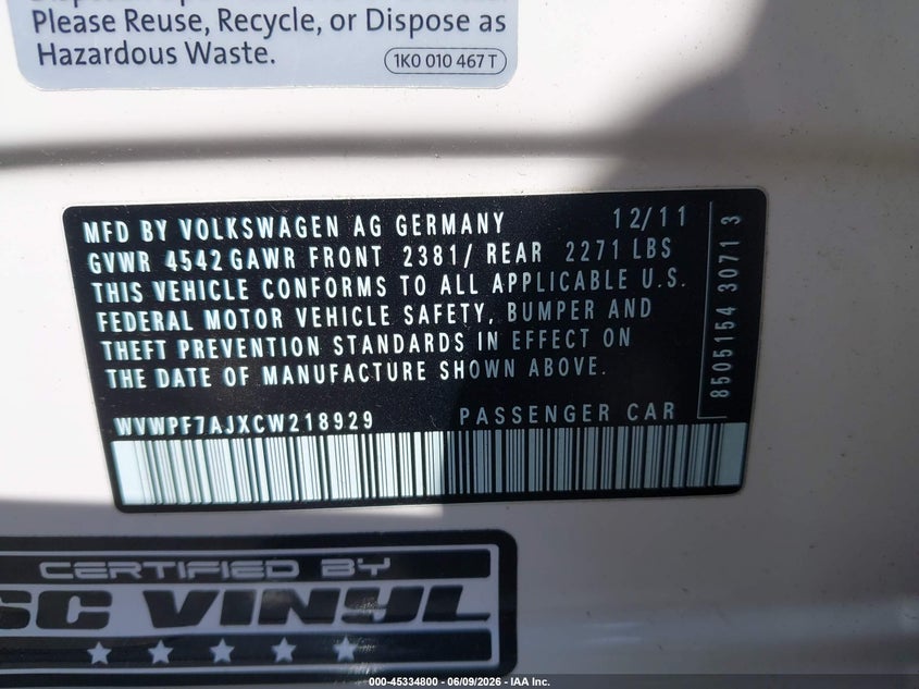 2012 Volkswagen Golf R 4-Door VIN: WVWPF7AJXCW218929 Lot: 45334800