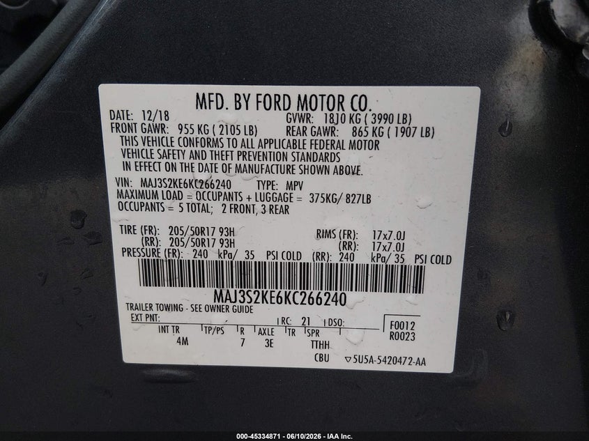 2019 Ford Ecosport Titanium VIN: MAJ3S2KE6KC266240 Lot: 45334871