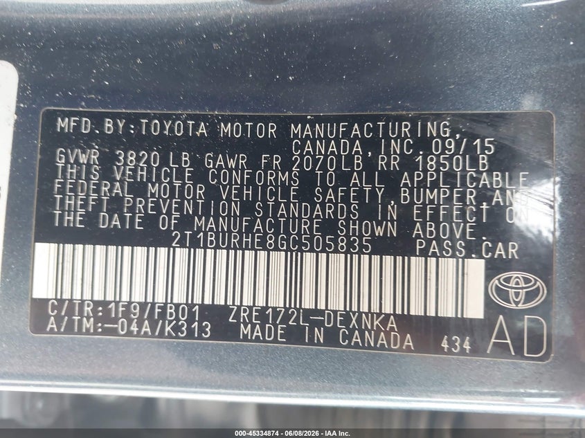 2016 TOYOTA COROLLA SEDAN 1.8L I-4 DOHC, VVT, 132HP