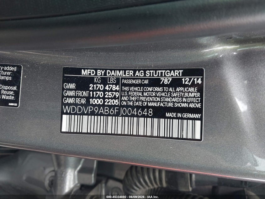 2015 Mercedes-Benz B-Class Electric Drive VIN: WDDVP9AB6FJ004648 Lot: 45334880