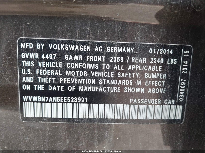 2014 Volkswagen Cc 2.0T Sport VIN: WVWBN7AN5EE523991 Lot: 45334885
