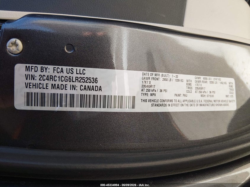 2020 Chrysler Voyager Lx VIN: 2C4RC1CG6LR252536 Lot: 45334994