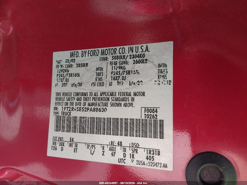 2002 FORD RANGER TRUCK 4.0L V-6 207HP