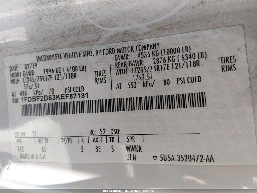 2019 Ford F-250 Xl VIN: 1FDBF2B63KEF82181 Lot: 45334998