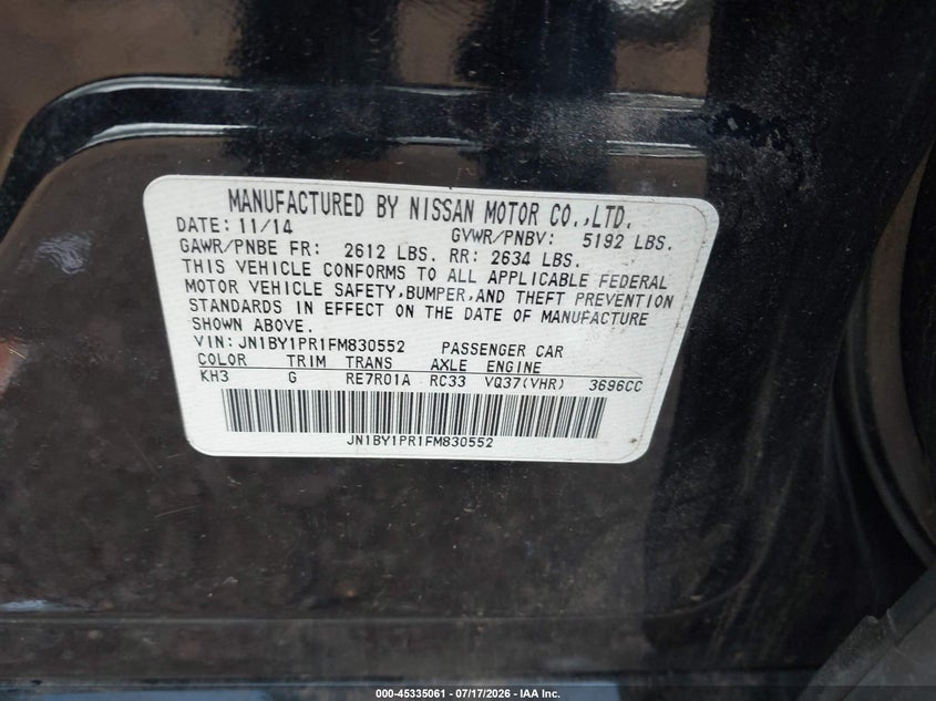 2015 Infiniti Q70L 3.7X VIN: JN1BY1PR1FM830552 Lot: 45335061