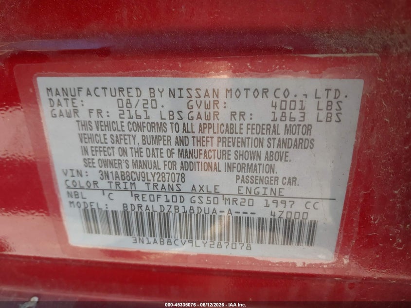 2020 Nissan Sentra Sv Xtronic Cvt VIN: 3N1AB8CV9LY287078 Lot: 45335076