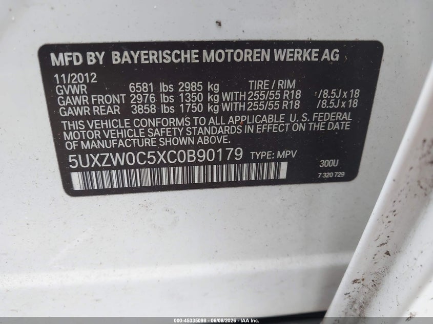 2012 BMW X5 3.0 xDrive35D white Lot 111045335098 Vin 5UXZW0C5XC0B90179