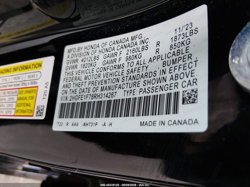 2024 HONDA CIVIC 1.5L I-4 DI, DOHC, V(VIN: 2HGFE1F78RH314267