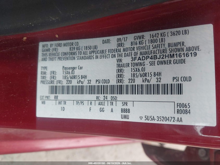 2017 Ford Fiesta Se VIN: 3FADP4BJ2HM161619 Lot: 45335150
