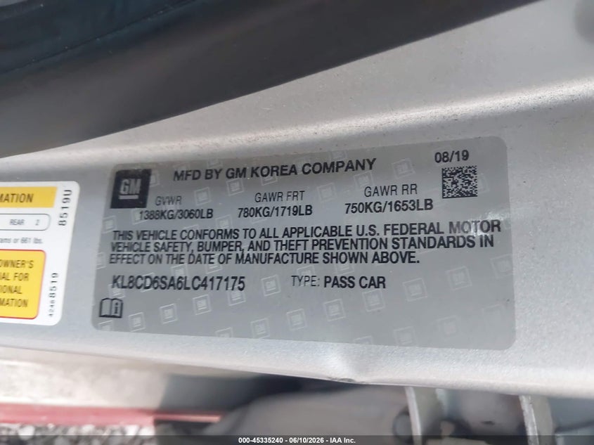 2020 Chevrolet Spark Fwd 1Lt Automatic VIN: KL8CD6SA6LC417175 Lot: 45335240