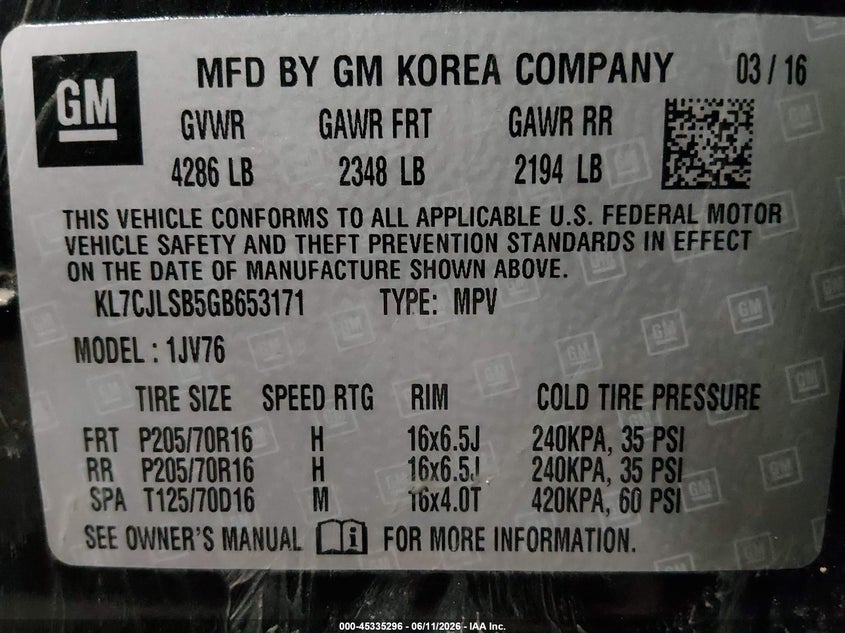 2016 Chevrolet Trax Lt VIN: KL7CJLSB5GB653171 Lot: 45335296