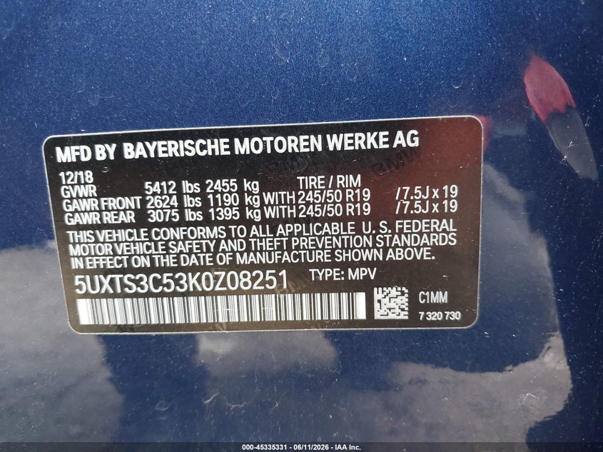 2019 BMW X3 M40I VIN: 5UXTS3C53K0Z08251 Lot: 45335331