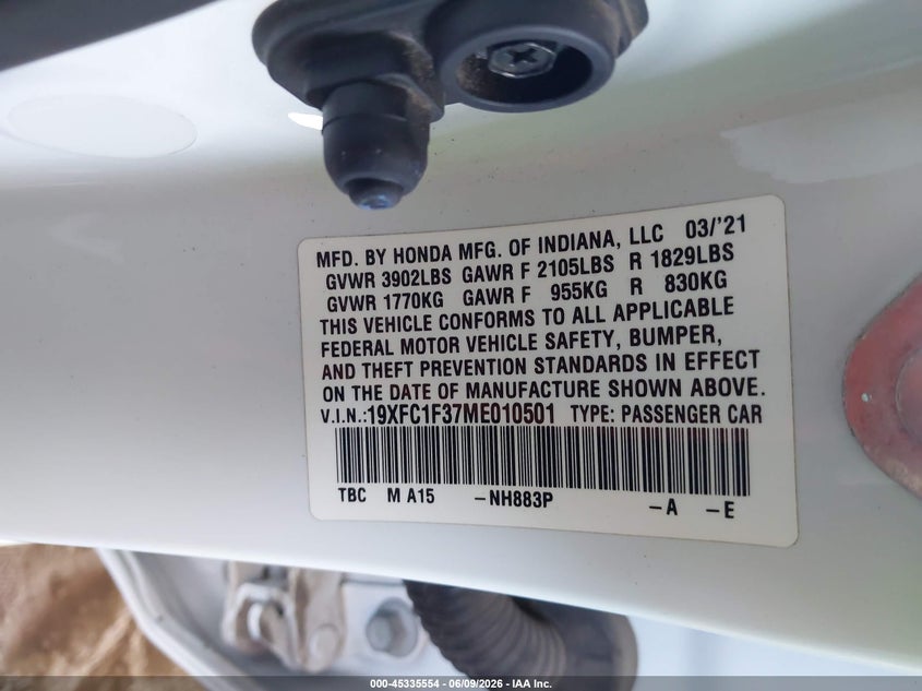 2021 HONDA CIVIC 1.5L I-4 DI, DOHC, V(VIN: 19XFC1F37ME010501