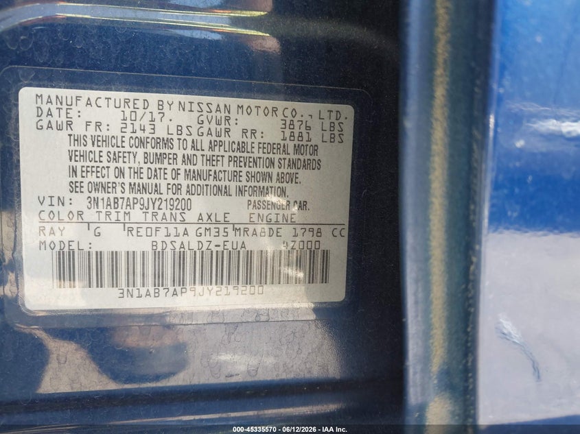 NISSAN SENTRA 2018 VIN 3N1AB7AP9JY219200