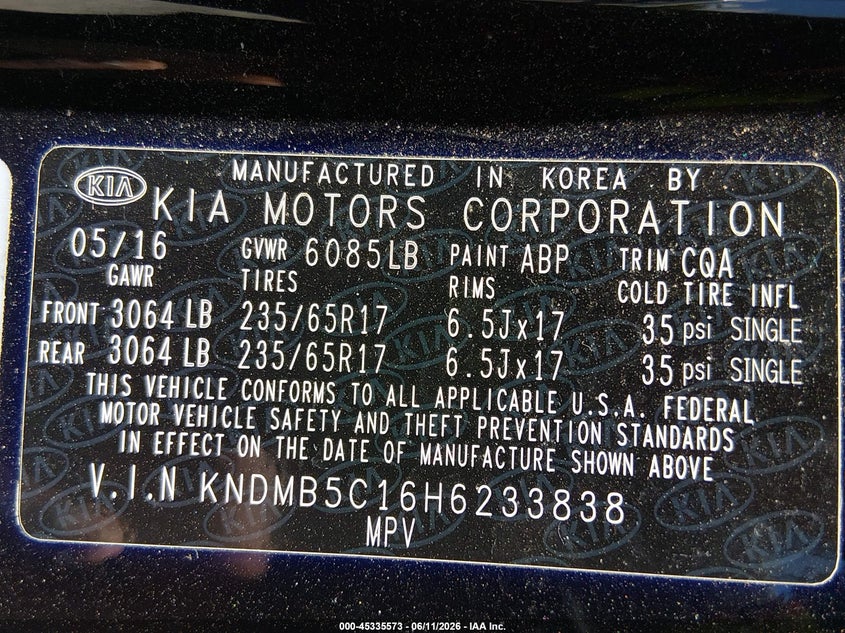 2017 Kia Sedona Lx VIN: KNDMB5C16H6233838 Lot: 45335573