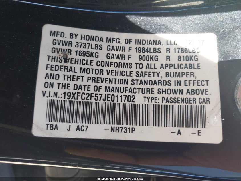 VIN 19XFC2F57JE011702 2018 HONDA CIVIC LX