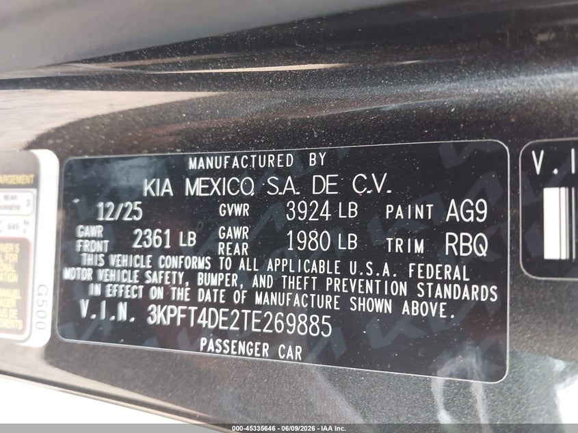2026 KIA K4 2.0L I-4 DOHC, VVT, (VIN: 3KPFT4DE2TE269885