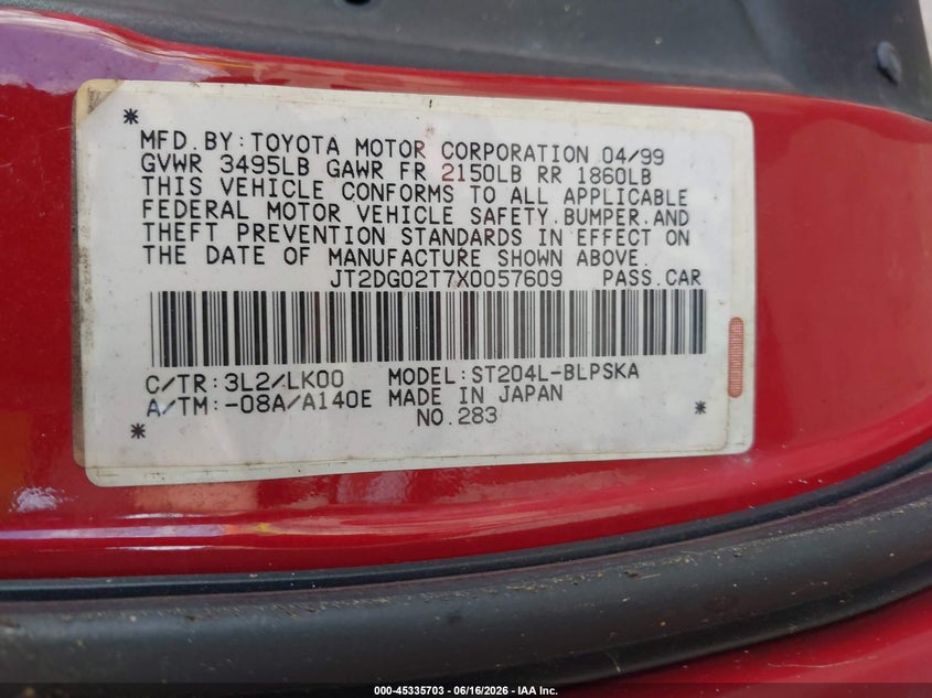 1999 Toyota Celica VIN: JT2DG02T7X0057609 Lot: 45335703