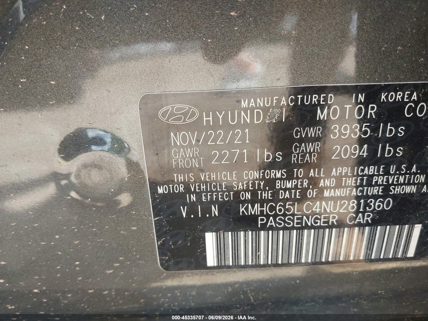 2022 HYUNDAI IONIQ HYBRID 1.6L I-4 DI, DOHC, V(VIN: KMHC65LC4NU281360