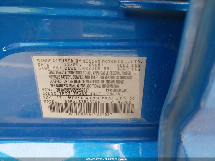 2025 NISSAN SENTRA 2.0L I-4 DI, DOHC, V(VIN: 3N1AB8DV6SY257517