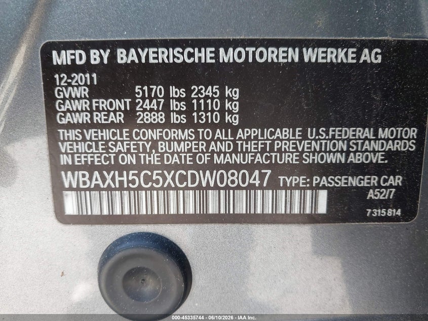 2012 BMW 528I xDrive VIN: WBAXH5C5XCDW08047 Lot: 45335744