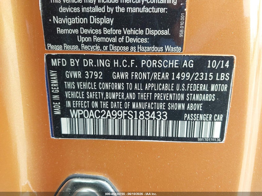 2015 Porsche 911 Gt3 VIN: WP0AC2A99FS183433 Lot: 45335755