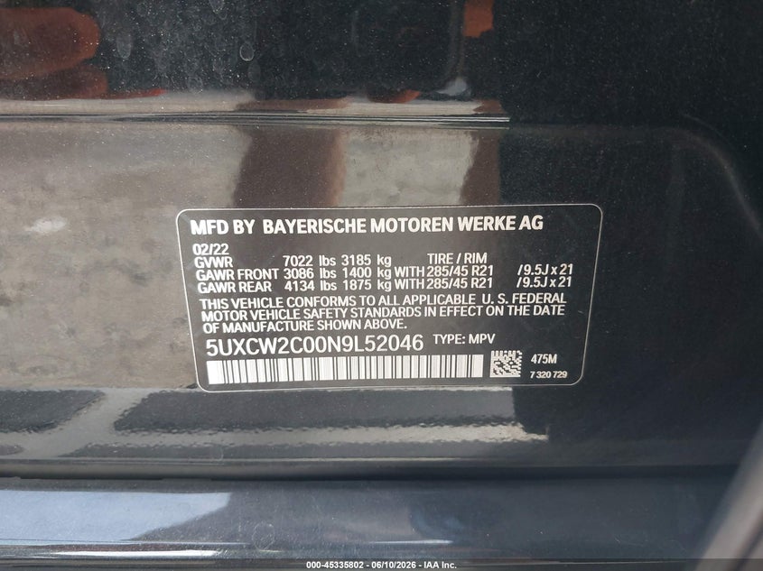 2022 BMW X7 3.0L I-6 DI, DOHC, V(VIN: 5UXCW2C00N9L52046