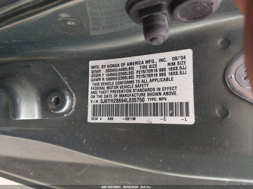 2004 Honda Element Ex VIN: 5J6YH28694L035750 Lot: 45335804